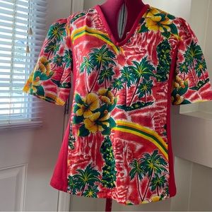 Handmade women red floral cotton with knit side detailing top. Size 14. NWOT.